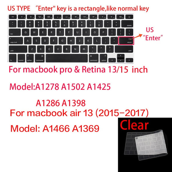 For Apple Macbook pro13/11Air 13/15 Retina12 inch All series silicone keyboard cover case transparent clear protecter film EU/US